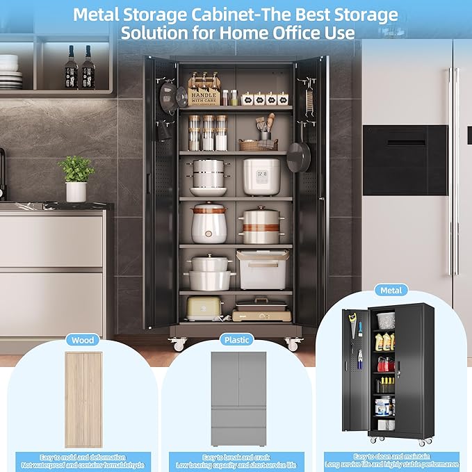 Metal Garage Storage Cabinet with Wheels & Pegboard, Lockable Metal Storage Cabinets with 2 Doors&5 Adjustable Shelves for Garage&Home,Assembly Required,Black 71''H x32''W x16''D