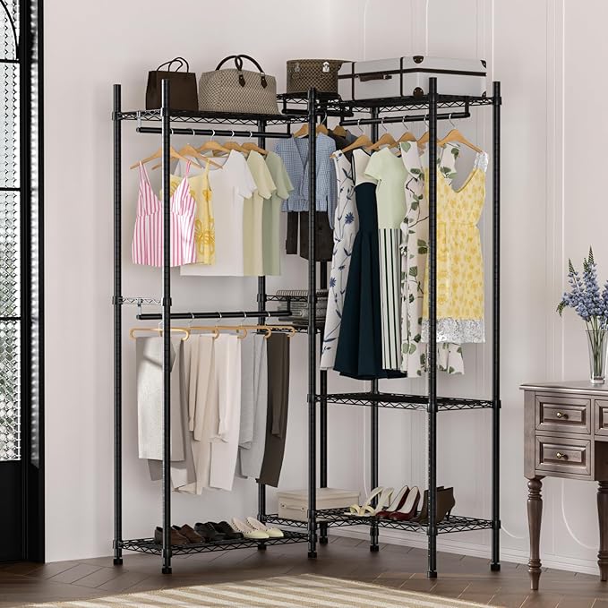 Garment Rack Heavy Duty Clothes Rack Adjustable Freestanding Metal Portable Wardrobe Closet Rack with Shelves for Hanging Clothes - 72" L x 14" W x 75" H, Black