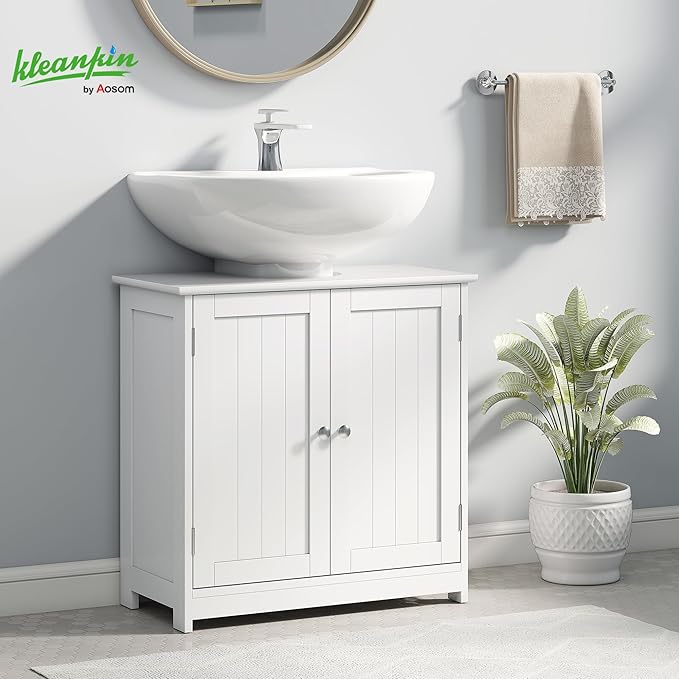 kleankin 23.5" Pedestal Sink Storage Cabinet, Freestanding Bathroom Under Sink Cabinet with U-Shape Cut-Out and Adjustable Shelf, White
