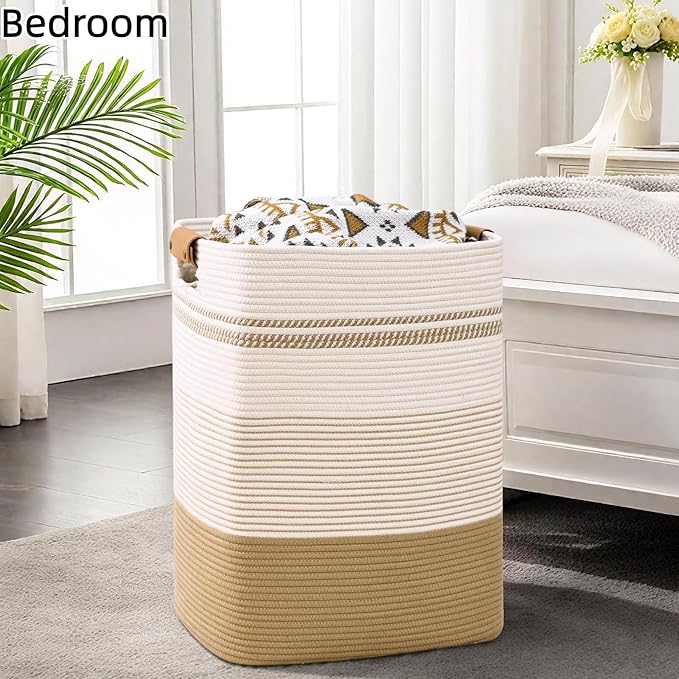 Laundry Hamper, 85L Tall Laundry Basket with Leather Handles, Rectangle Large Clothes Hamper for Organizing, Cotton Woven Laundry Baskets Storage Hampers for Bedroom, Nursery, Living Room