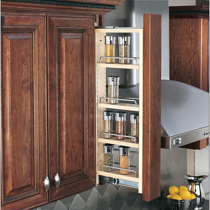 Rev-A-Shelf Kitchen Cabinet Pullout Wall Filler Wooden Organizer Slide Out Pantry Storage w/Soft-Close in Multiple Sizes, Maple Wood, 432-WFBBSC30-6C