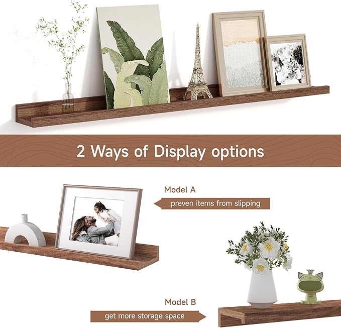 Fun Memories Picture Ledge Shelf for Wall, Floating Shelves Set of 4, 36 Inch Long Nursery Book Shelves for Toys Storage, Kids Bookshelf Wall Mounted for Books Photo Frames, Walnut