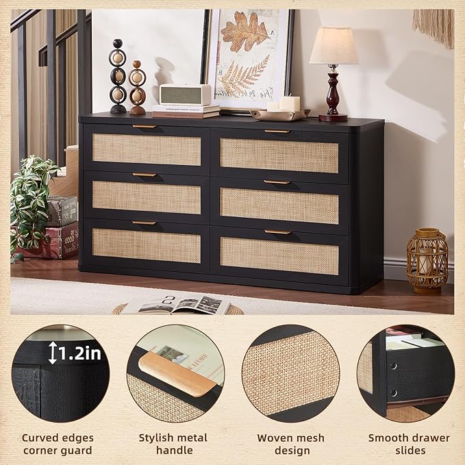 LEYAOYAO Rattan 6 Drawer Dresser for Bedroom, Boho 54" Wide Black Dresser Chest of Drawers, Dressers TV Stand with Metal Handle, Storage Dressers Closet Organizer for Living Room, Hallway