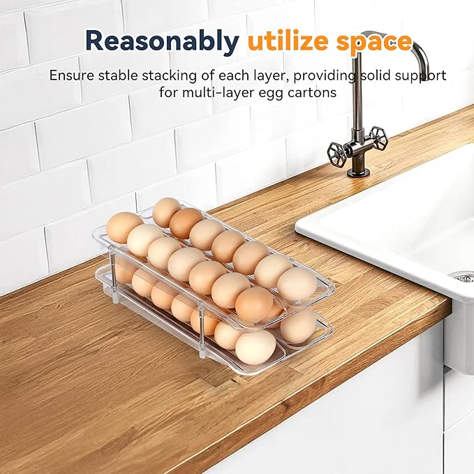Refrigerator Egg Holder, Self-Rolling Refrigerator Egg Container, Clear Plastic Egg Dispenser, Stackable Egg Organizer with Quick Detachable Inner Tray for Tissue and Storage, 2-Pack