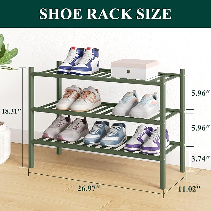 Smiry Bamboo Shoe Rack for Closet, 3 Tier Wooden Stackable Shoe Organizer, Free Standing Shoes Storage Shelf for Entryway, Front Door Entrance, Green
