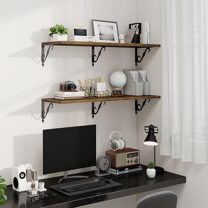 Fun Memories 40 Inch Floating Shelves Wall Mounted, 12 Inch Deep Wall Shelves with Bracket, Rustic Hanging Bookshelf, 40" Bookshelves for for Living Room, Kitchen and Bedroom, Rustic Brown, Set of 2