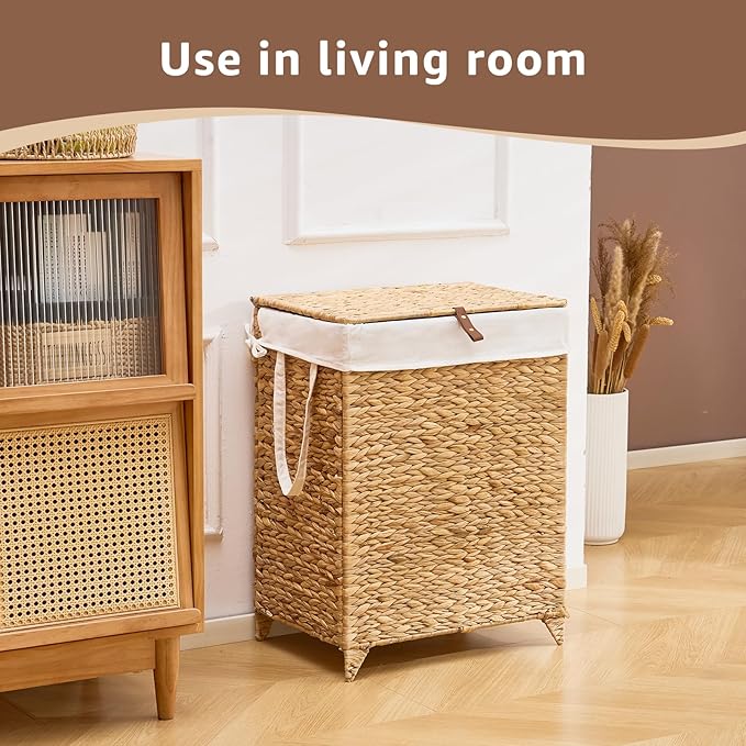 Laundry Hamper with Lid and Removable Liner Bag, Handwoven Natural Hyacinth Clothes Hamper with Heightened Feet, Wicker Laundry Basket for Clothes and Towels，Middle