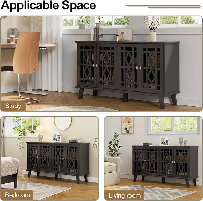 Scurrty 52" Buffet Cabinet with Storage,Sideboard with 4 Doors, Skeletonized Coffee Bar with Storage, Sideboard Cabinet for Dinning Room, Kitchen & Living Room (Black)