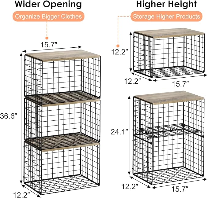 5-Tier Large Stackable Closet Organizer and Storage Basket, Sturdy Closet Shelf Organizer with Wood Top, Stackable Storage Bins Cubes for Clothes with Adjustable Shelf for Wardrobe Organization