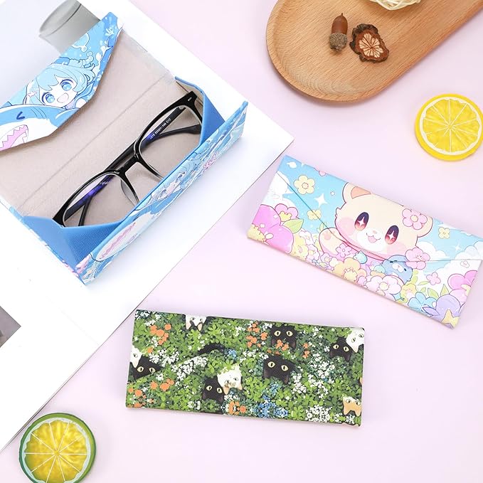 Foldable Glasses Case, Magnetic PU Leahter Sunglasses Case, Cute Hard Shell Folding Eyeglass Cases for Women Kids