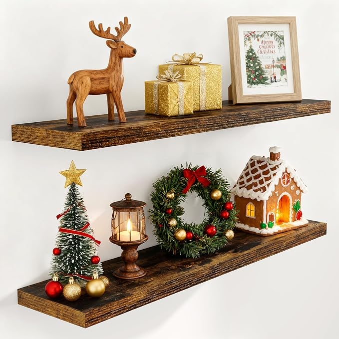 48 Inch Floating Shelves, 9.3 Inch Deep Floating Shelf for Wall, Rustic Wood Wall Shelves 48 x 9.3 x 1.5, Large Bathroom Shelf 48 Inch, Deep Shelves for Kitchen, Bedroom, Rustic Brown Color, 2 Pack