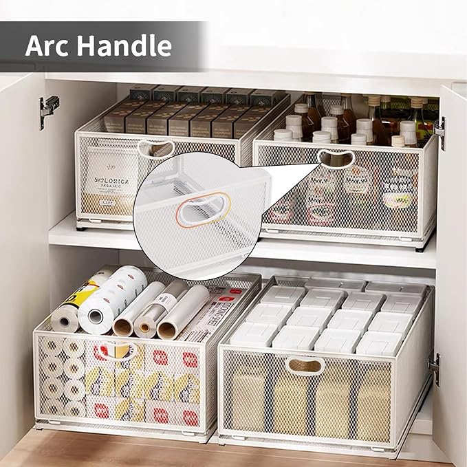 Sliding Cabinet Basket Organizer Drawer Self Adhesive Slide out Pantry Shelves Heavy Duty Carbon Steel Slide Cabinet Storage Basket with Handle for Bathroom Kitchen Home