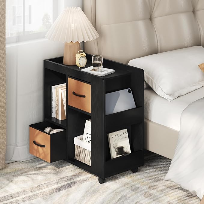 Yaheetech Narrow Side Table with Storage, Wooden Rolling Nightstand Bedside Table with Wheels, Magazine Racks and Open Shelves, End Table with Drawers for Living Room Bedroom, Black