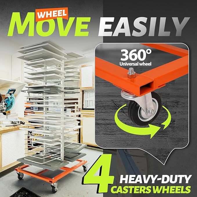 50 Shelves Paint Cabinet Drying Rack with 4 Caster Wheels, Cabinet Drying Rack, 25lbs/Shelf Capacity, Space Saving, Modern Style, Orange & White, Steel