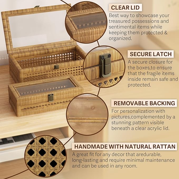 Rattan Decorative Box,Boho Display Boxes with Lids,Set of 2 Rectangular Wicker Storage Decoration,Natural Woven Cane Bins for Home Decor for Rustic Farmhouse(Natural)