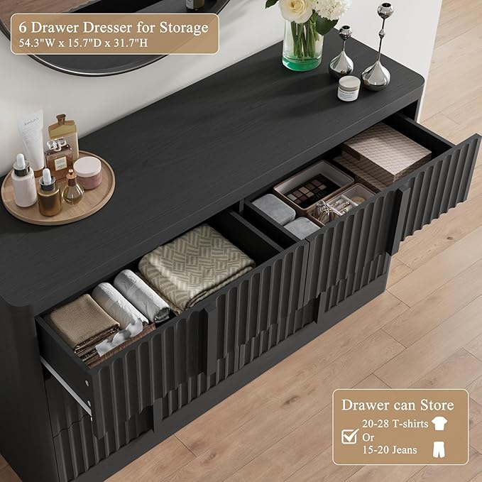 Fluted Dresser for Bedroom, 47" Wide 6 Drawer Dresser, Modern Chest of Drawers with Solid Wood Handle, Curved Profile Design, Wood Dressers Storage Organizer, Living Room, Hallway, Black