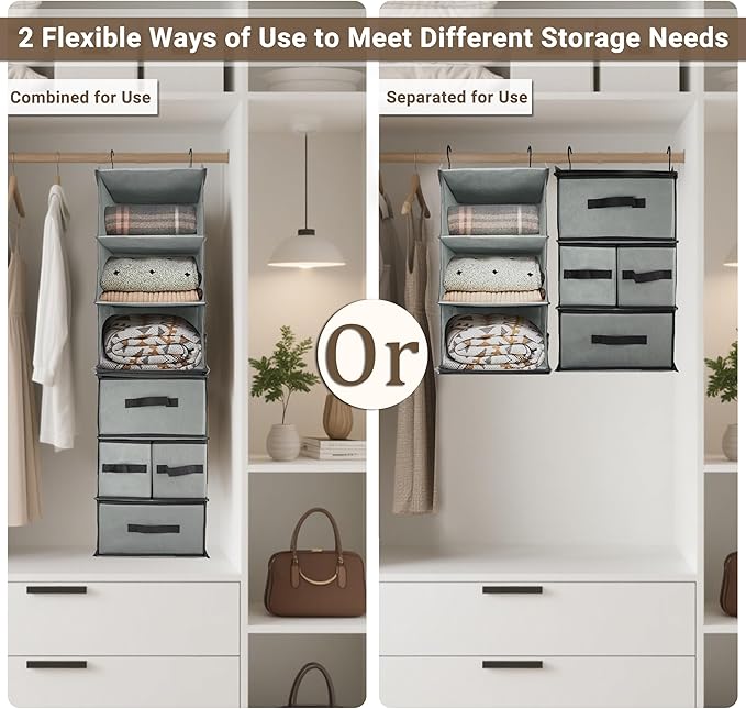 Durable 2-in-1 Hanging Closet Organizer with 2 Separable 3-Tier Hanging Shelves Holder & 4 Removable Drawers,Clothes Storage Organization Space-Saving for Bedroom,Bathroom,Nursery,Dorm,RV