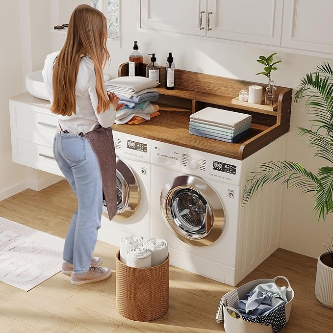 2-Tier Washer Dryer Countertop with 2.75"H Edge Rails, 54" W x 27.55" D Laundry Countertop for Folding Clothes, Washer and Dryer Topper with Non-Slip Pad (Brown)