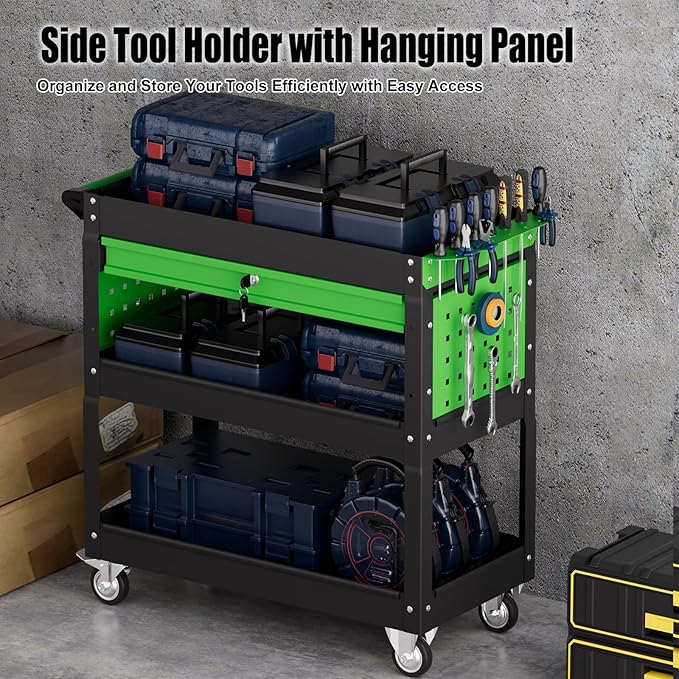 Heavy Duty 3 Tier Tool Cart, Mechanic Metal Rolling Tool Cart with Storage Drawers for Garage Workshop