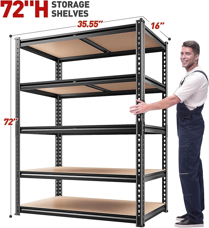 REIBII 2020LBS Storage Shelves 5 Tier Garage Shelving Heavy Duty, Adjustable Metal Shelving Unit, Garage Shelves for Basement, Warehouse, Pantry, Closet, Kitchen 72" H x 35.55" W x 16" D, Black