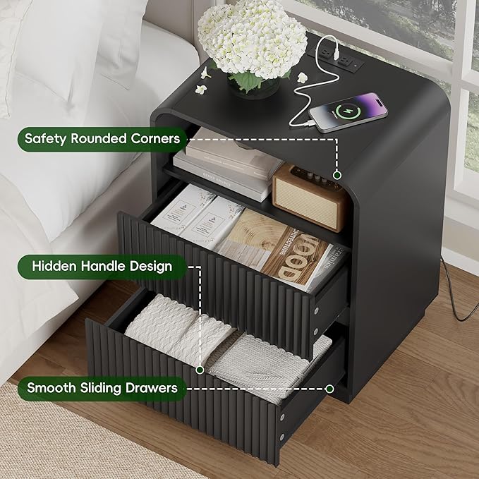 Black Nightstands Set of 2 with Charging Station, Mid Century Modern End Tables & Bedside Tables, Fluted Wood Small Night Stands with 2 Hidden Drawers and Storage Shelf for Bedroom