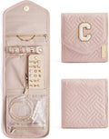 BAGSMART Travel Jewelry Organizer Case C Initial Foldable Jewelry Roll for Journey Rings, Necklaces, Earrings, Bracelets,Mini,Letter C,Soft Pink
