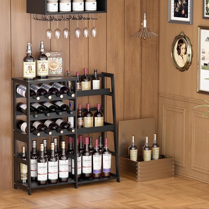 VASMIA Versatile Liquor Stand for Home Bar, Wine Rack Freestanding Floor, Mini Bar Table with Bamboo Trapezoidal Liquor Bottle Display Shelf Cabinet for Living Room, Black