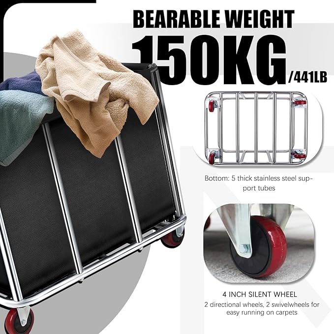 Commercial Laundry Cart with Wheels, 11.35 Bushel Large Laundry Tumbler with Removable Waterproof Canvas Lined Basket, Heavy Duty Stainless Steel Laundry Basket for Hotels and Hospitals