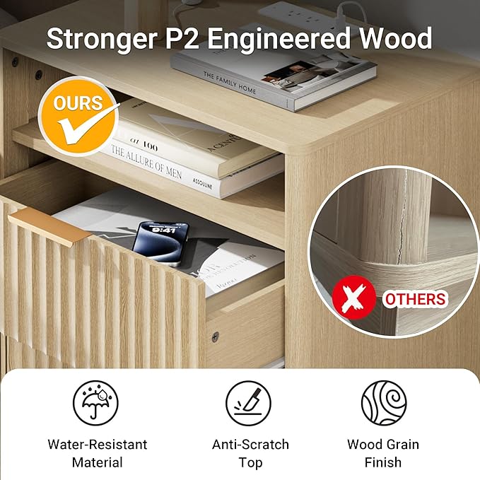 Fluted Night Stand Set of 2 with Charging Station, 18" Mid-Century Modern Nightstand, 2 Drawers End Table with Storage, Bedside Table for Bedroom Home Office, Curved Profile (Natural Oak)