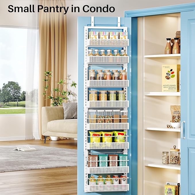 SNTD Over the Door Pantry Organizer - 8 Tier Adjustable Pantry Door Spice Organizer, Large Capacity Hanging Door Spice Rack for Kitchen Pantry Organizers and Storage (White, 12.3" W x 4.7" D x 69" H)