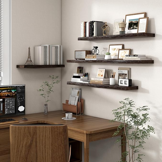Axeman 55 inch Floating Shelves for Wall - 8'' D Live Edge Rustic Solid Elm Wood Floating Shelves Wall Mounted, Hanging Shelves with Invisible Bracket for Living Room Bedroom Kitchen, Walnut