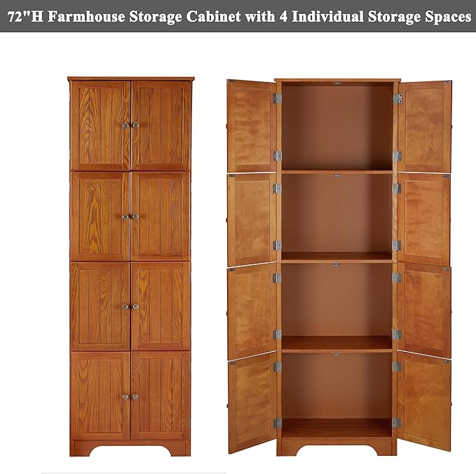 72" Tall Farmhouse Storage Cabinet, 4 Tier Kitchen Pantry Cabinet with 4 Shelves & 8 Doors, Freestanding Floor Storage Cabinet Wooden Organizer Bookcase for Living Room, Kitchen (Oak)