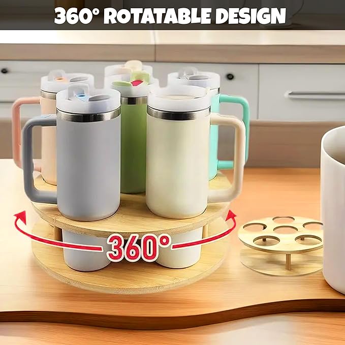 KOKO G Premium Bamboo Rotating Water Bottle Organizer – 360° Wooden Cup Holder Rack Fits 7 Tumblers (40oz/30oz/20oz) – Space-Saving Cabinet & Countertop Storage, Easy to Assemble
