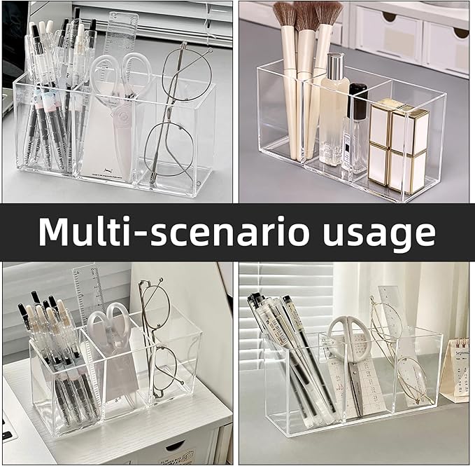 Acrylic Makeup Brush Holder, 2 Pack Clear Pencil Holder, Desk Accessories Holder with 3 Compartments, Brush Organizer for Vanity, Desk, Cosmetic Display