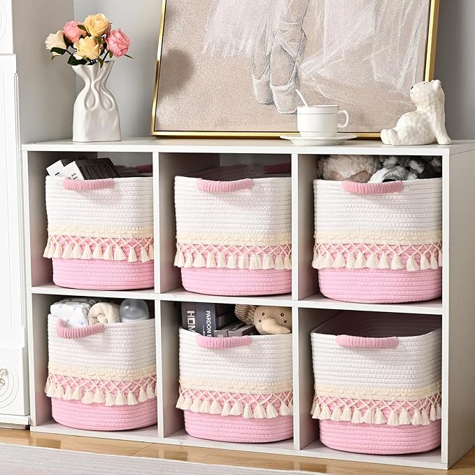2 Pack Storage Basket for Shelves, Boho Cotton Rope Storage Bins with Heavy Tassel, Shelf Baskets Large Woven Baskets for Organizing, Cube Organizer Bins, Baby Laundry Basket for Clothes, Toys, Pets
