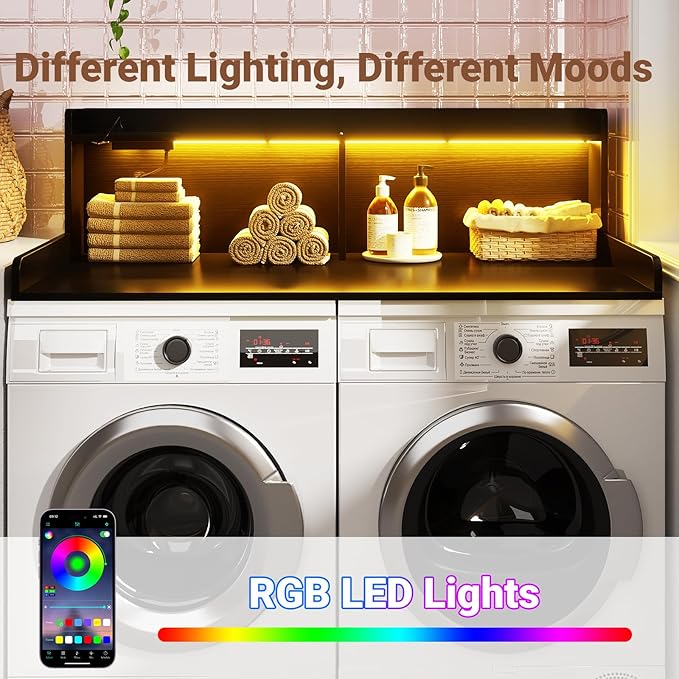 Aheaplus Washer and Dryer Countertop, 2-Tier Laundry Countertop Cover with LED Lights and Power Strip, Large Space Laundry Topper with Shelf for Laundry Room Organization, Black