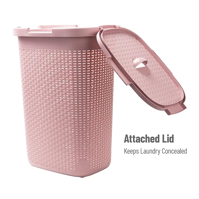 Mind Reader Slim Laundry Hamper with Lid, 60L Clothes Basket, Premium Wicker Design, Plastic, Pink