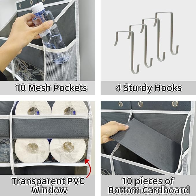5-Tier Heavy Duty Over the Door Organizer with 10 Compartments - 600D Oxford Cloth Large Behind Door Storage for Closet, Nursery, Bedroom, Pantry, Diaper & Toy Organizer (Gray)