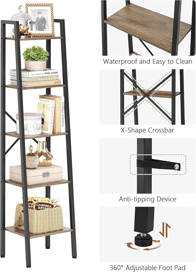 Hoctieon 5-Tier Industrial Ladder Bookshelf, Narrow Ladder Shelf, Tall Standing Bookshelf, Skinny Open Ladder Shelf, for Living Room, Home Office, Kitchen, Bedroom, Metal Frame, Greige
