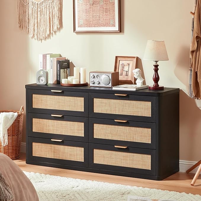 LEYAOYAO Rattan 6 Drawer Dresser for Bedroom, Boho 54" Wide Black Dresser Chest of Drawers, Dressers TV Stand with Metal Handle, Storage Dressers Closet Organizer for Living Room, Hallway