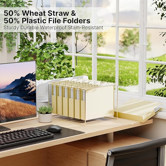 Wheat Straw Hanging File Folder Letter Size, Heavy Duty 1'' Expansion,12 Pack Extra Capacity Plastic Hang Folders,Reinforced Filing Cabinet Folder for Bulk Files/Medical Charts(Morandi Beige)