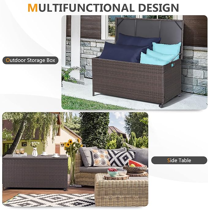RELAX4LIFE Patio Rattan Storage Box - 50 Gallon All-Weather Wicker Storage Box w/Top Lid, Protective Liner and Wheels, Outdoor Deck Box Waterproof for Cushions, Toys, Garden Tools