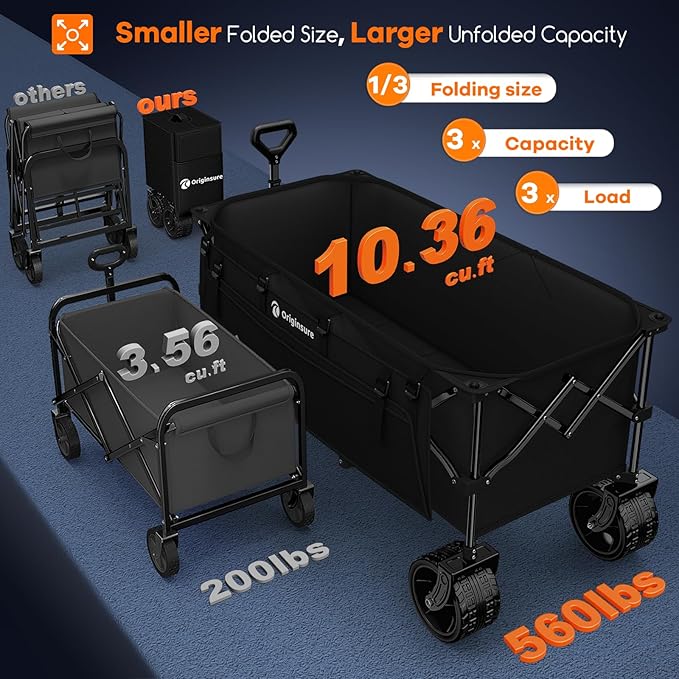 48" L Folding Beach Wagon Cart Foldable, 560lbs Weight Capacity 300L Heavy Duty Collapsible Wagons with Big All-Terrain Wheels, Utility Carts for Groceries, Shopping, Camping, Sports - Black
