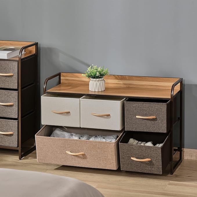 HOMCOM 5-Drawer Dresser, Fabric Chest of Drawers, 2-Tier Storage Organizer for Bedroom Entryway, Tower Unit with Steel Frame Wooden Top, Maple Wood