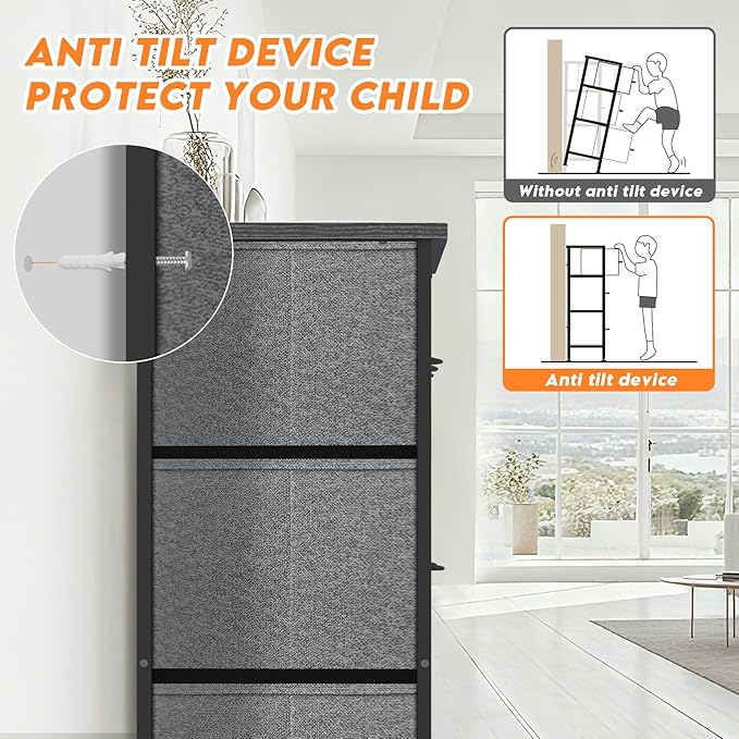 Curved Profile Dresser for Bedroom, Chest of Drawers, 10 Storage Drawers Organizer Unit, Brown Dresser with Fabric Bins for Closet, Living Room, Kid Room (Grey and Charcoal Black)