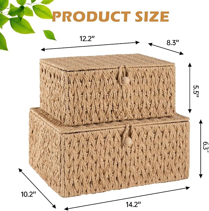 OIAHOMY Wicker Storage Basket with Lid & Lock, Lidded Storage Bins, Decorative Baskets for Organizing, Set of 2-Natural