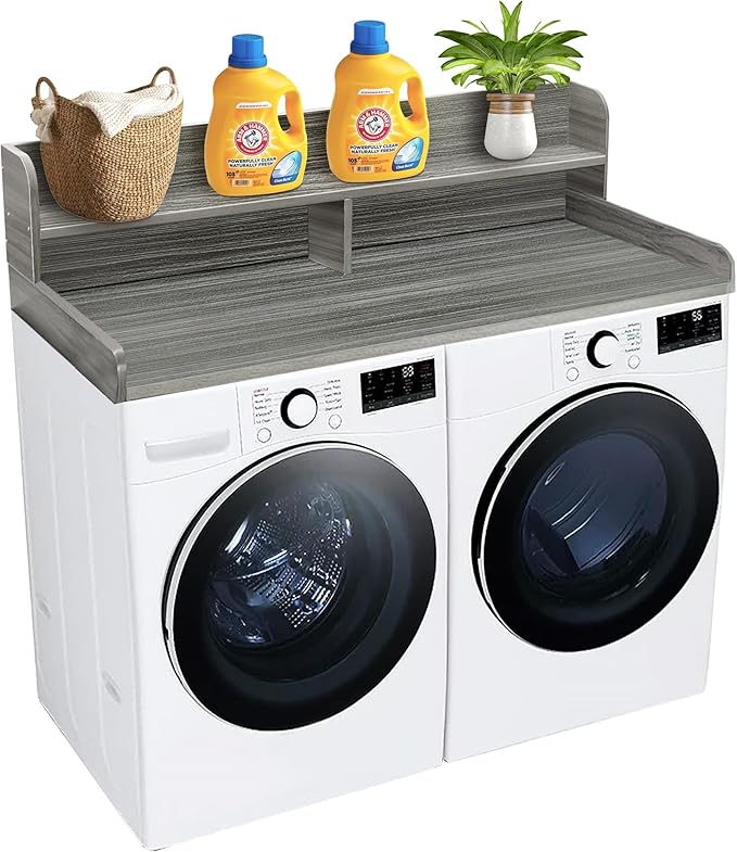 Royxen Laundry Countertop with 2-Tier Shelf Universal Fit, Washer and Dryer Countertop with Storage Space, Shelf Height 11.5 Inches, Solid Wood Core, Eucalyptus