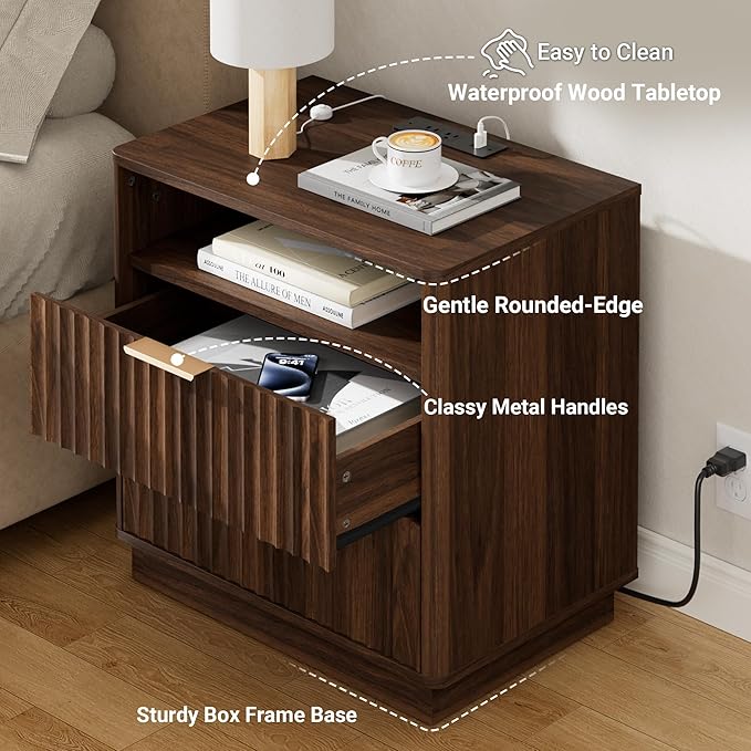 Large Fluted Night Stand with Charging Station, 23" Mid-Century Modern Nightstand, 2 Drawers End Table with Storage, Bedside Table for Bedroom Sofa Home Office, Curved Profile (Walnut)