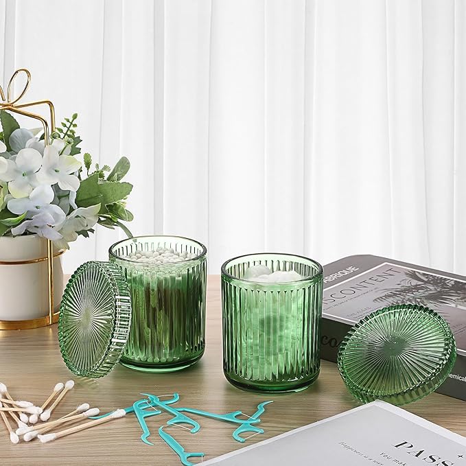 2 Pack Glass Qtip Holder with Lid, Qtip Dispenser Bathroom Storage Jars- Glass Apothecary Jars for Cotton Ball, Swab, Pads, Floss Picks, Bathroom Accessories Organization and Vanity Organizer(Green)