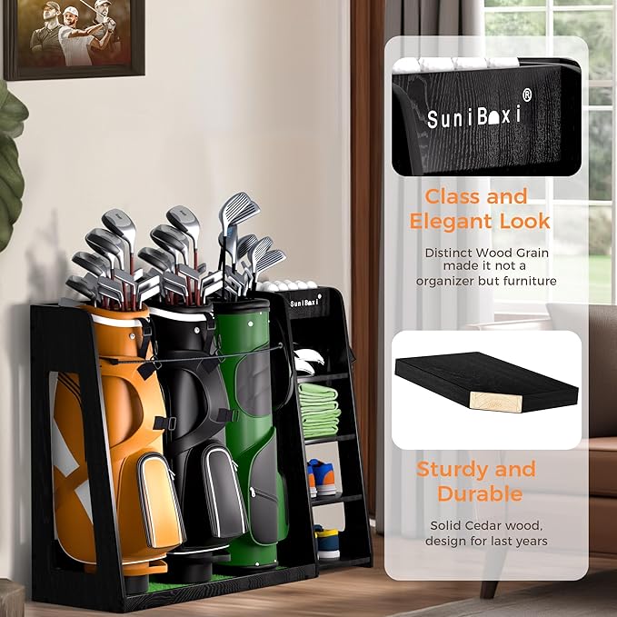 Wooden Golf Storage Organizer for Garage, Premium Golf Bag Holder Rack for Golfing Accessories, Great Gift for Golfers,Husband, Dad